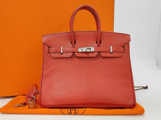 HERMES Birkin 25 Togo Red Handbag with Silver Hardware and J Stamp