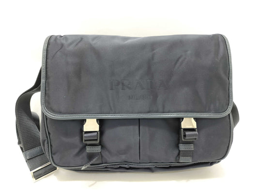 PRADA Nylon Messenger Bag, Tessuto, Double Pocket, Nylon, Black, Shoulder Bag