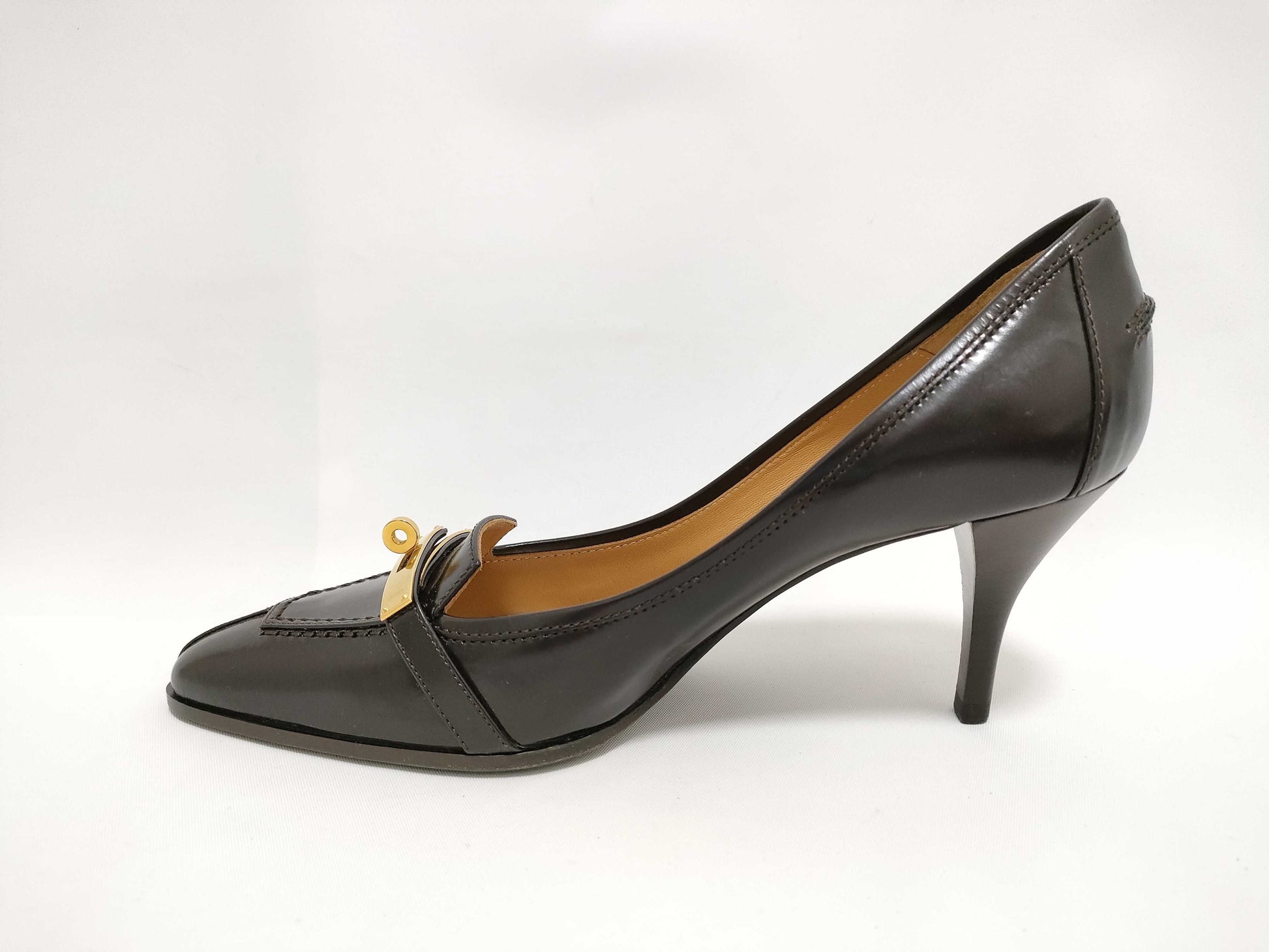 HERMES Kelly Hermes Heel Pumps, Brown Leather, Unused