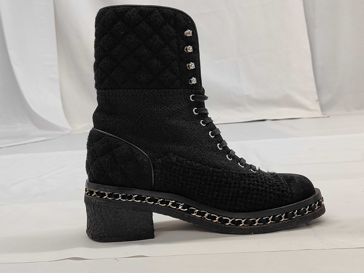 CHANEL Tweed Boots, Black, Chain Sole, Size 38, Other Shoes