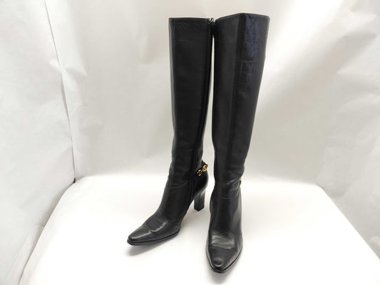 CELINE Long Boots with Macadam Chain Heel, Leather, Size 37, Other Shoes