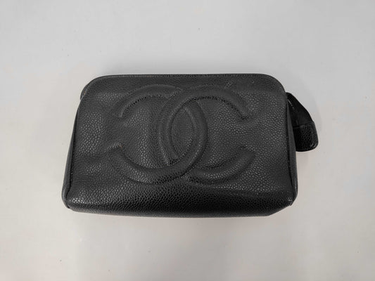 CHANEL Caviar Skin Pouch with Coco Mark and Gold Hardware