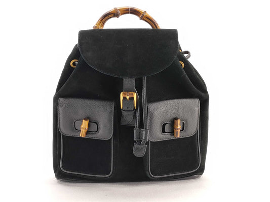 GUCCI Bamboo Suede and Leather Backpack, Black
