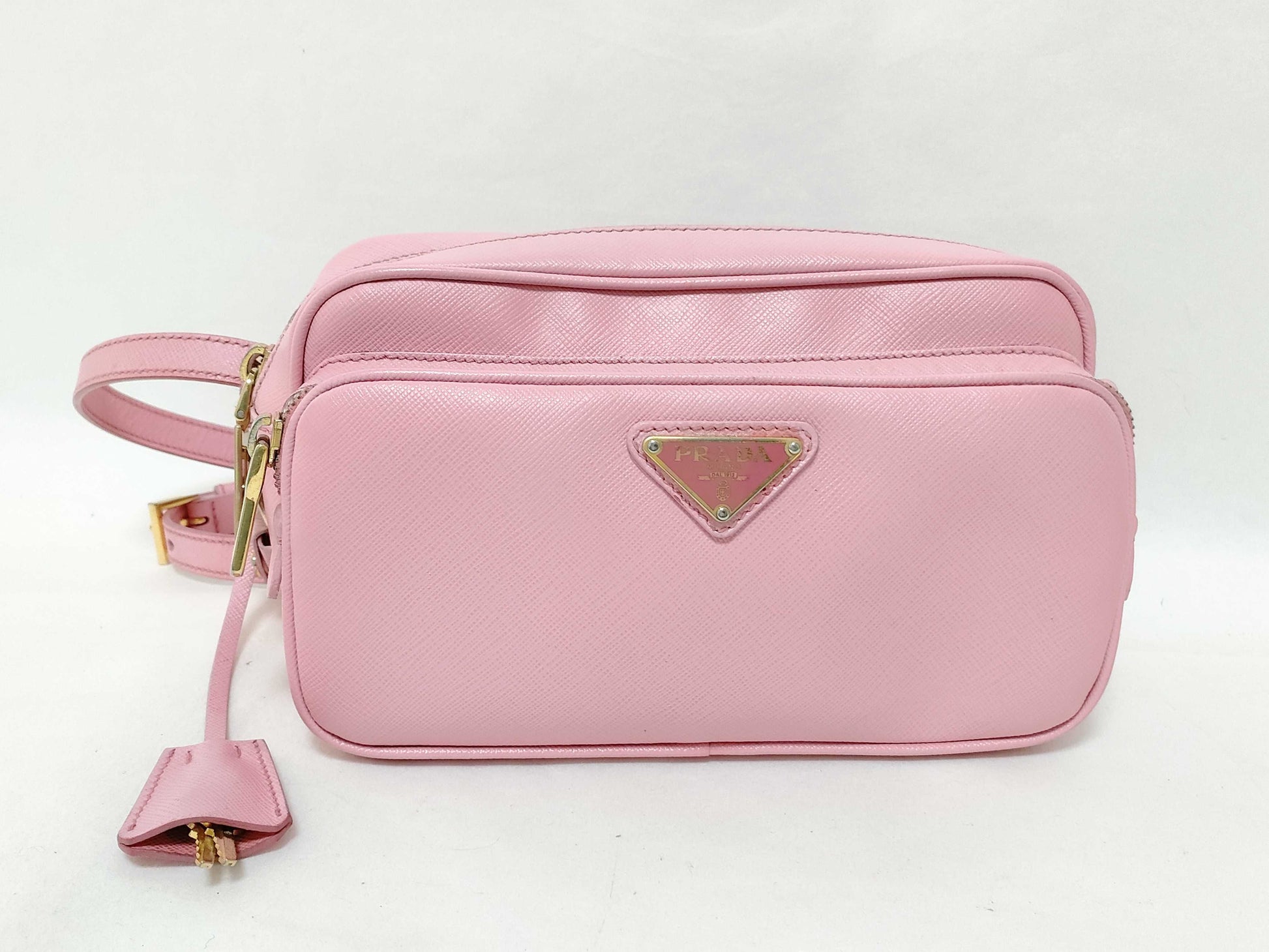 PRADA PRADA Saffiano Shoulder Bag Pink with Triangle Logo Plate