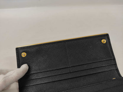 PRADA Prada Long Wallet Black with Gold Hardware and Saffiano Leather