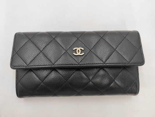 CHANEL Matelasse Caviar Leather Tri-Fold Long Wallet