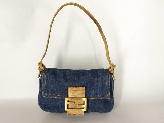 FENDI Mamma Bucket Shoulder Bag Denim Mini Lizard Shoulder Bag