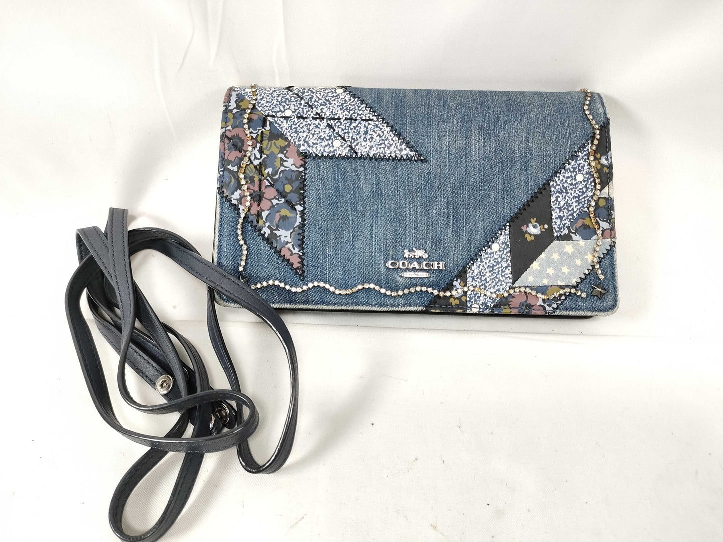 COACH 2-way shoulder wallet denim patchwork rhinestone shoulder bag