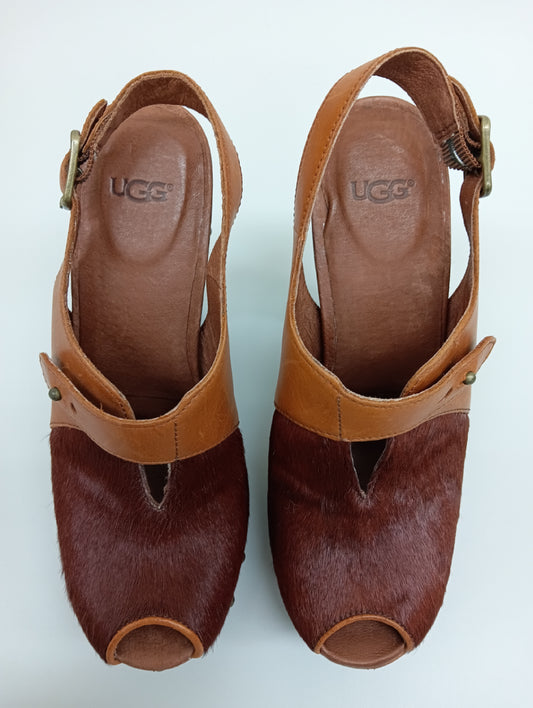 UGG Leather and Harako Sandals, Brown, Size 6