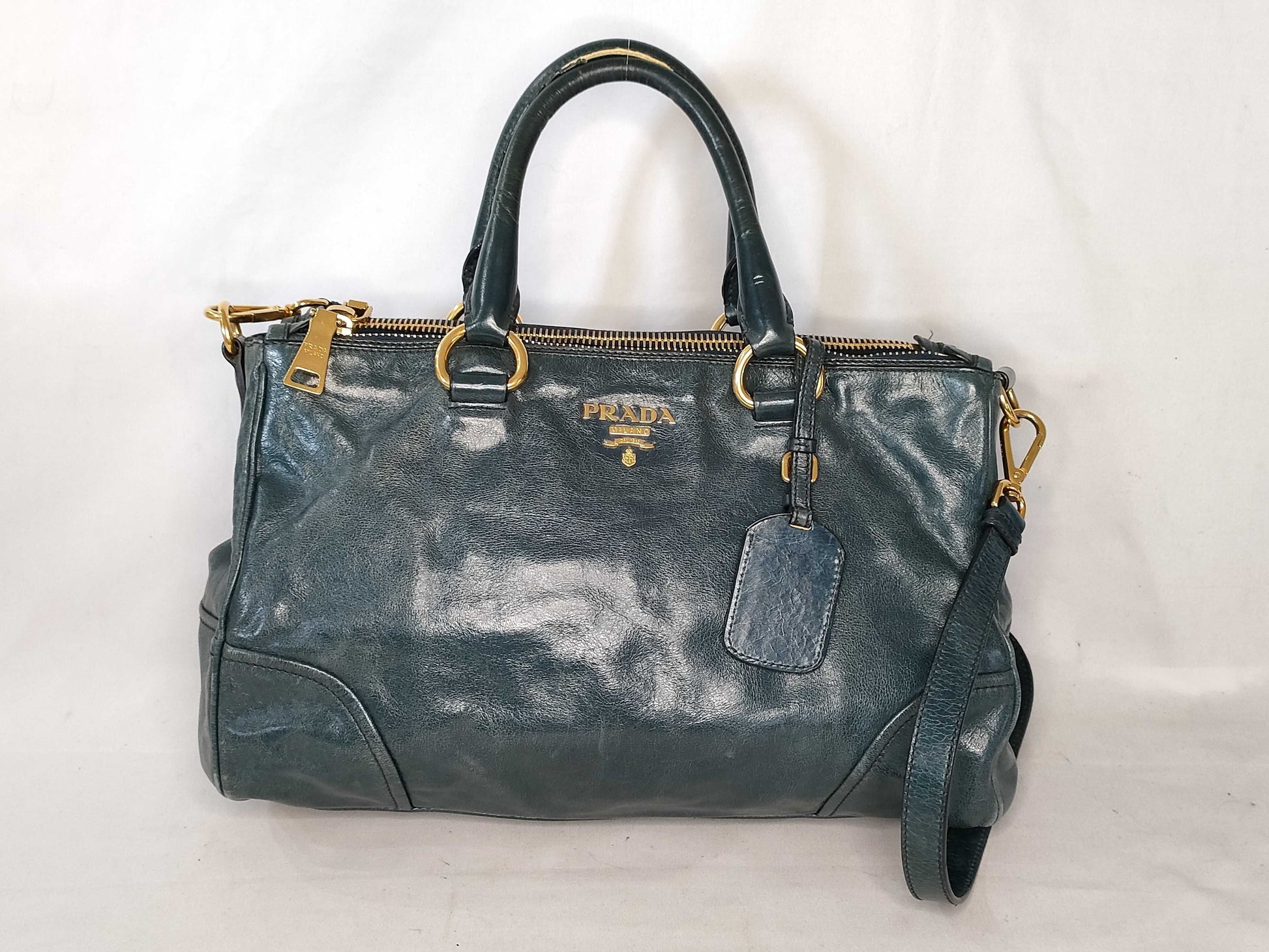 PRADA Prada 2-Way Vitello Leather Shoulder Bag, Blue, Handbag