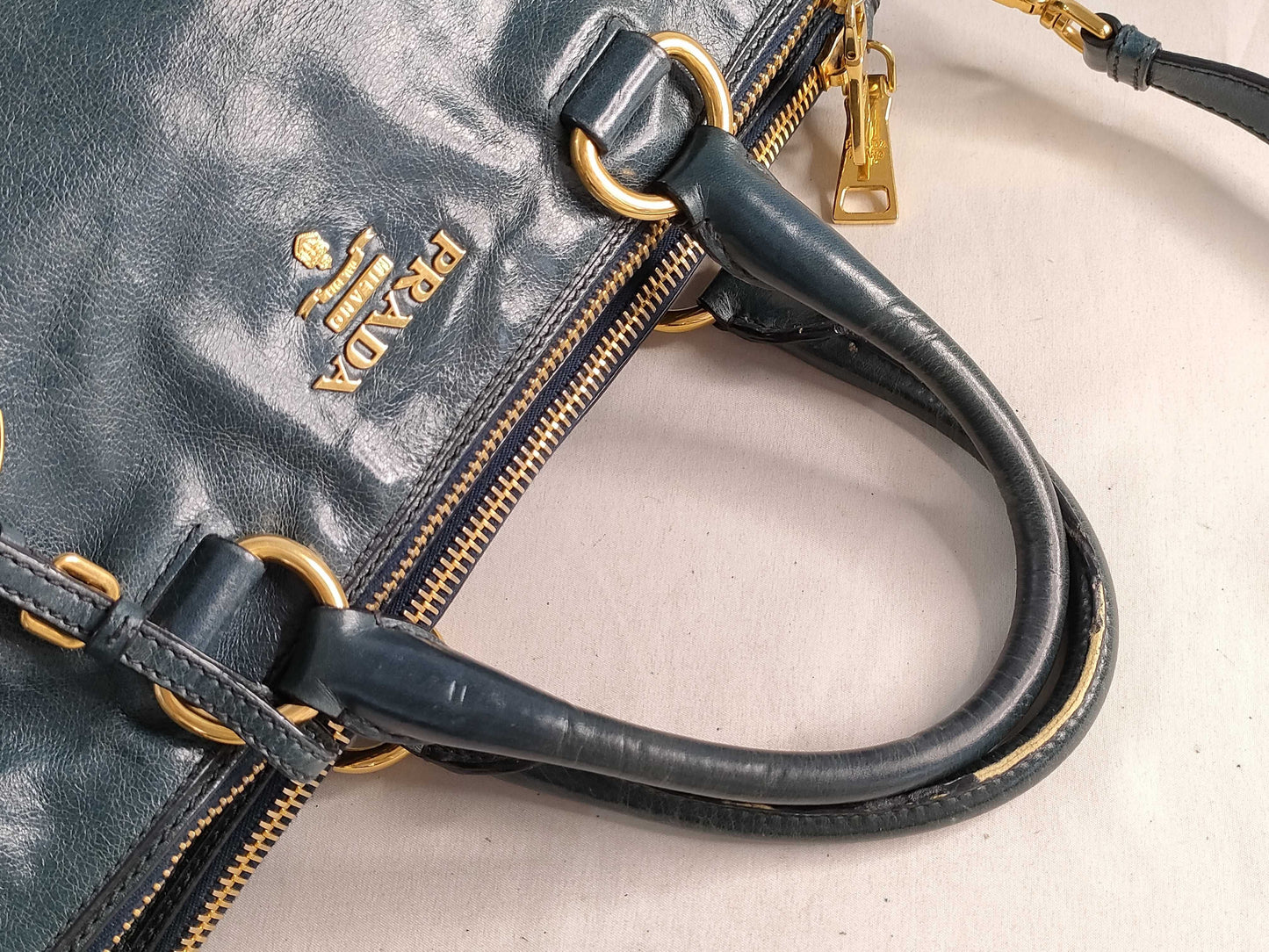 PRADA Prada 2-Way Vitello Leather Shoulder Bag, Blue, Handbag