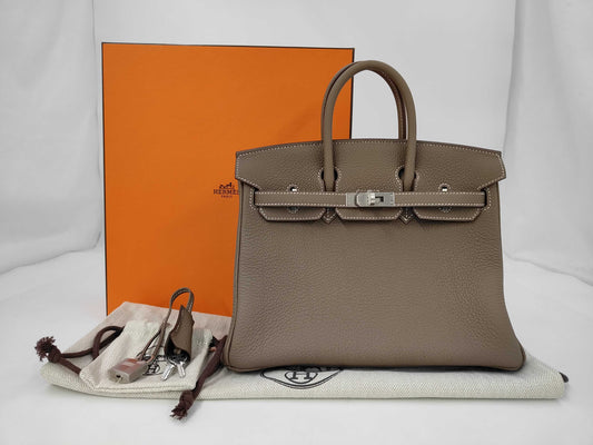 HERMES Birkin 25 Etoupe Matte Silver Hardware K Stamp Handbag