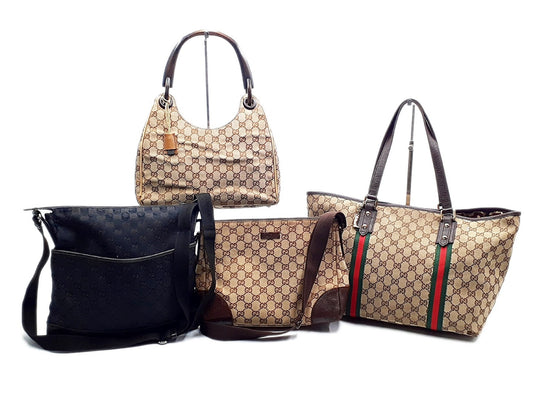 GUCCI 4-piece set: GG canvas, Sherry line, wood handle, leather tote, leather shoulder bag