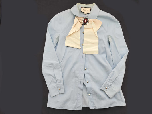 GUCCI Pearl Interlocking Button GG Button Stone Brooch Ribbon Blouse Gucci Shirt