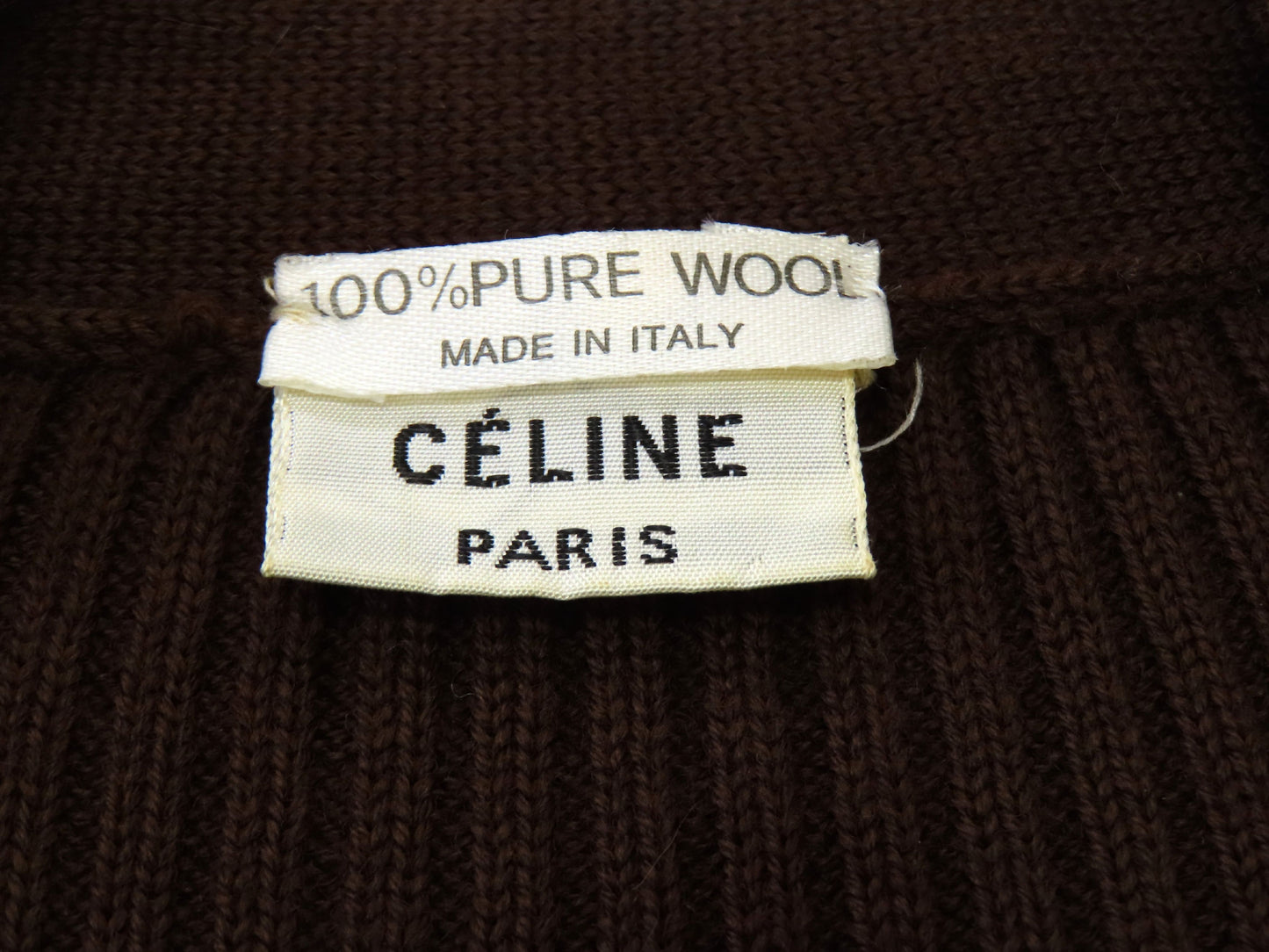 CELINE Vintage Wool Knit Cardigan with Leather Gold Buttons, Engraved Logo, and Gold Chain Design