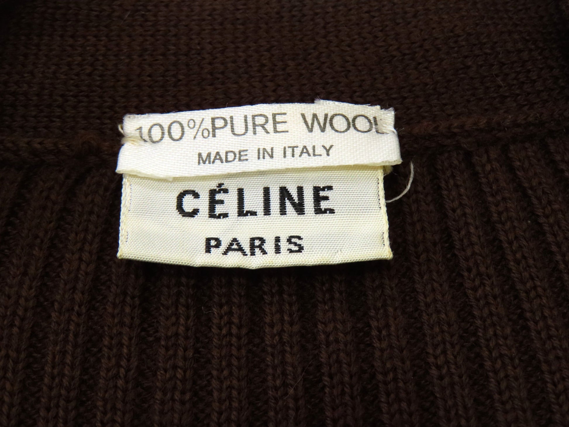 CELINE Vintage Wool Knit Cardigan with Leather Gold Buttons, Engraved Logo, and Gold Chain Design