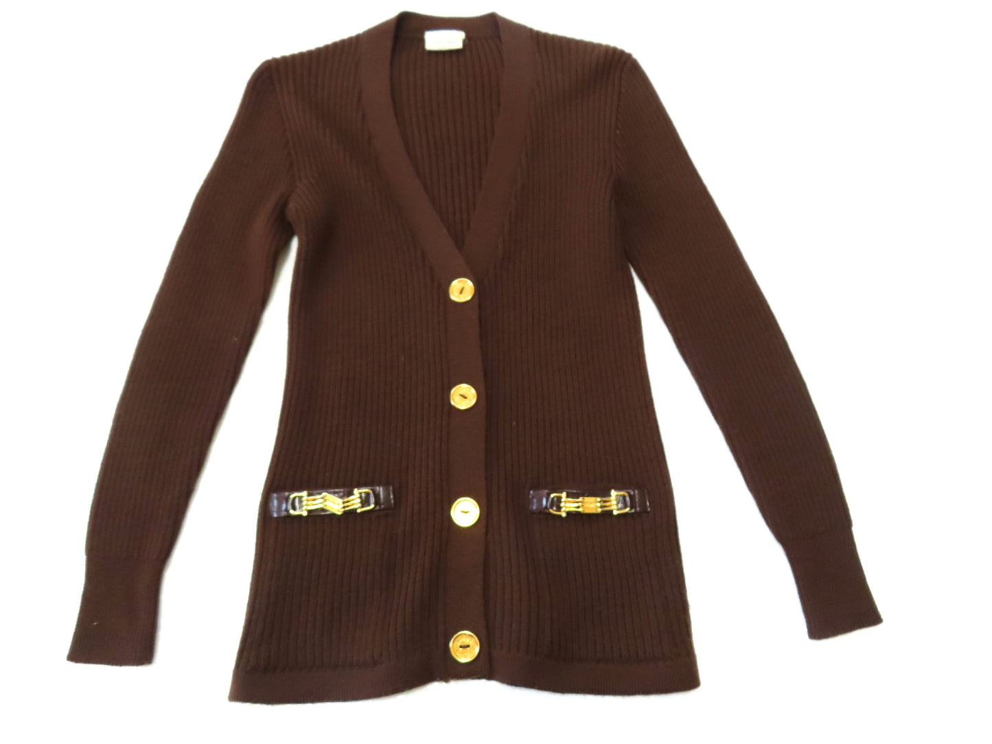 CELINE Vintage Wool Knit Cardigan with Leather Gold Buttons, Engraved Logo, and Gold Chain Design
