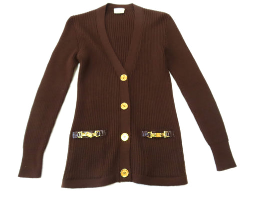 CELINE Vintage Wool Knit Cardigan with Leather Gold Buttons, Engraved Logo, and Gold Chain Design