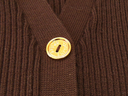 CELINE Vintage Wool Knit Cardigan with Leather Gold Buttons, Engraved Logo, and Gold Chain Design