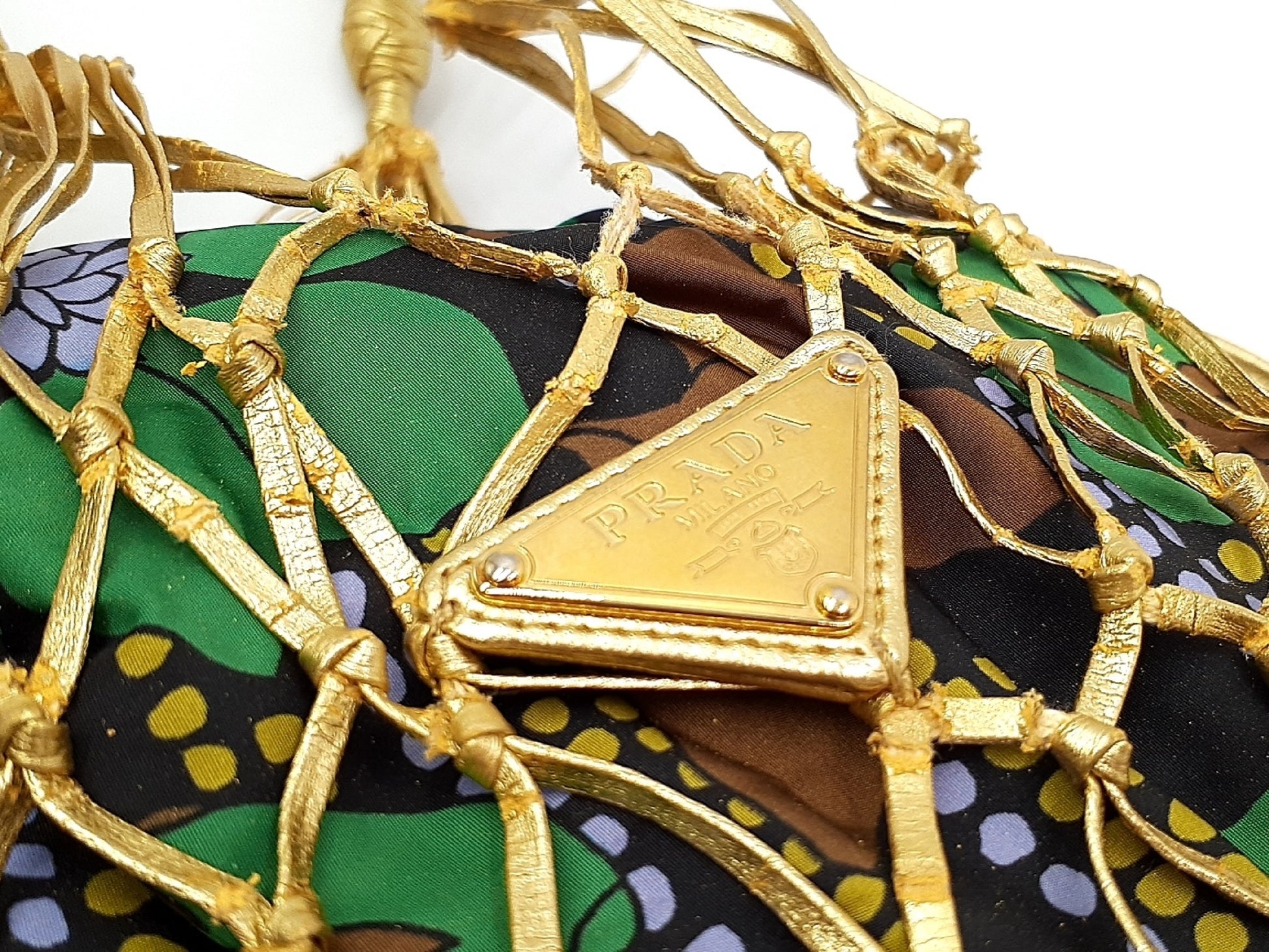 PRADA Gold Mesh Triangle Plate Leather Handbag