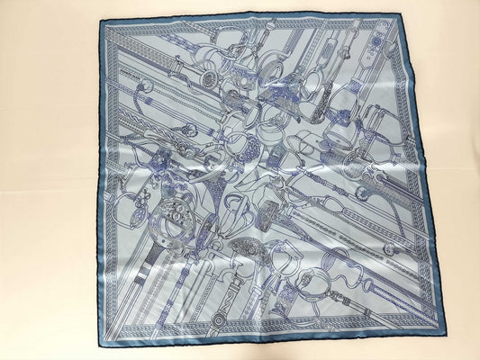 HERMES Carré 70 Blue Etrier Limis 100% Silk Scarf Accessory Scarf