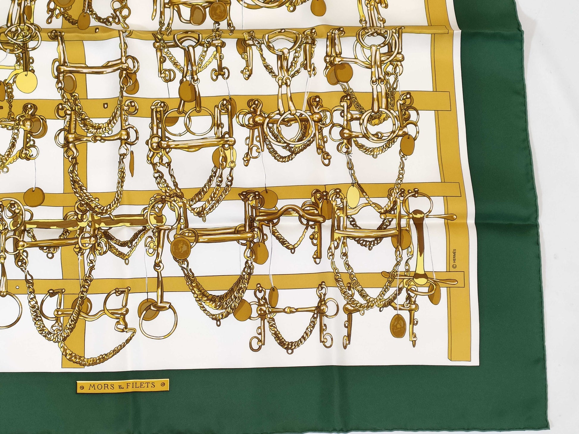 HERMES Carré HERMES Carré 90 MORS&FIETS Saddlery and Bits Green 100% Silk Scarf