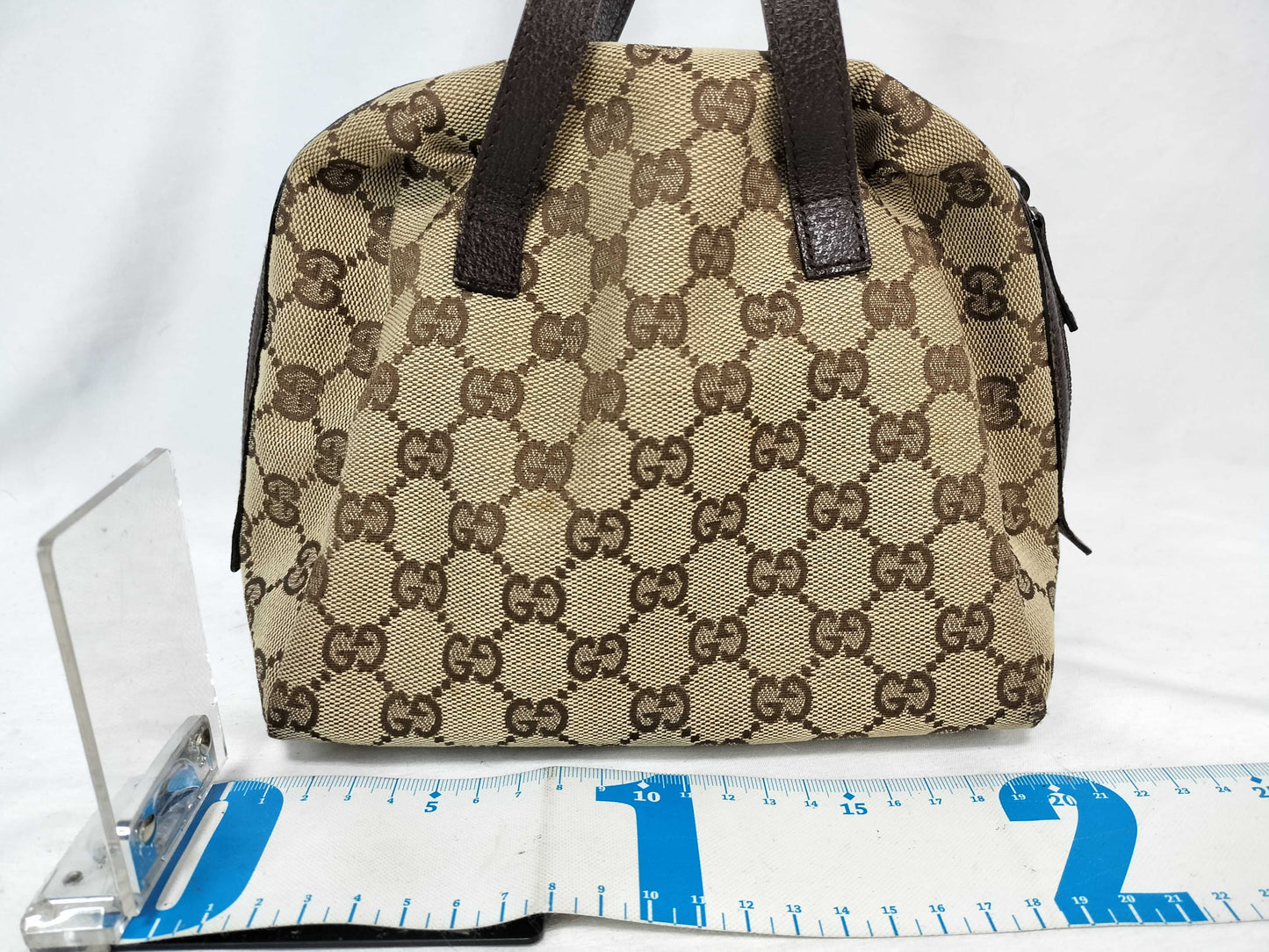 GUCCI GG Canvas Handbag, Brown Leather, 124542