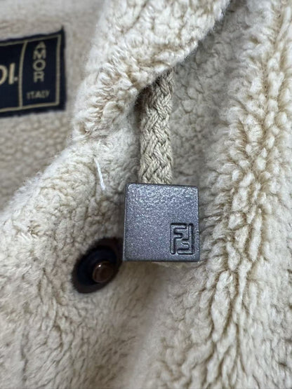 FENDI FENDI Made in Italy Logo Embroidered Hooded Boa Coat Beige Mid-Length Outerwear Coat