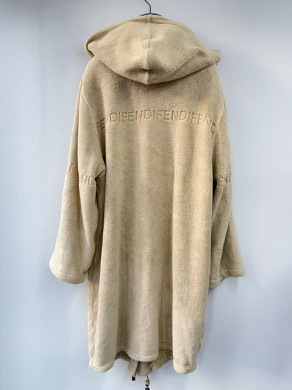 FENDI FENDI Made in Italy Logo Embroidered Hooded Boa Coat Beige Mid-Length Outerwear Coat