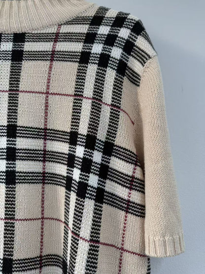 BURBERRY Burberry Sanyo Shokai Nova Check Short Sleeve Knit Top Beige Size 40 Tops