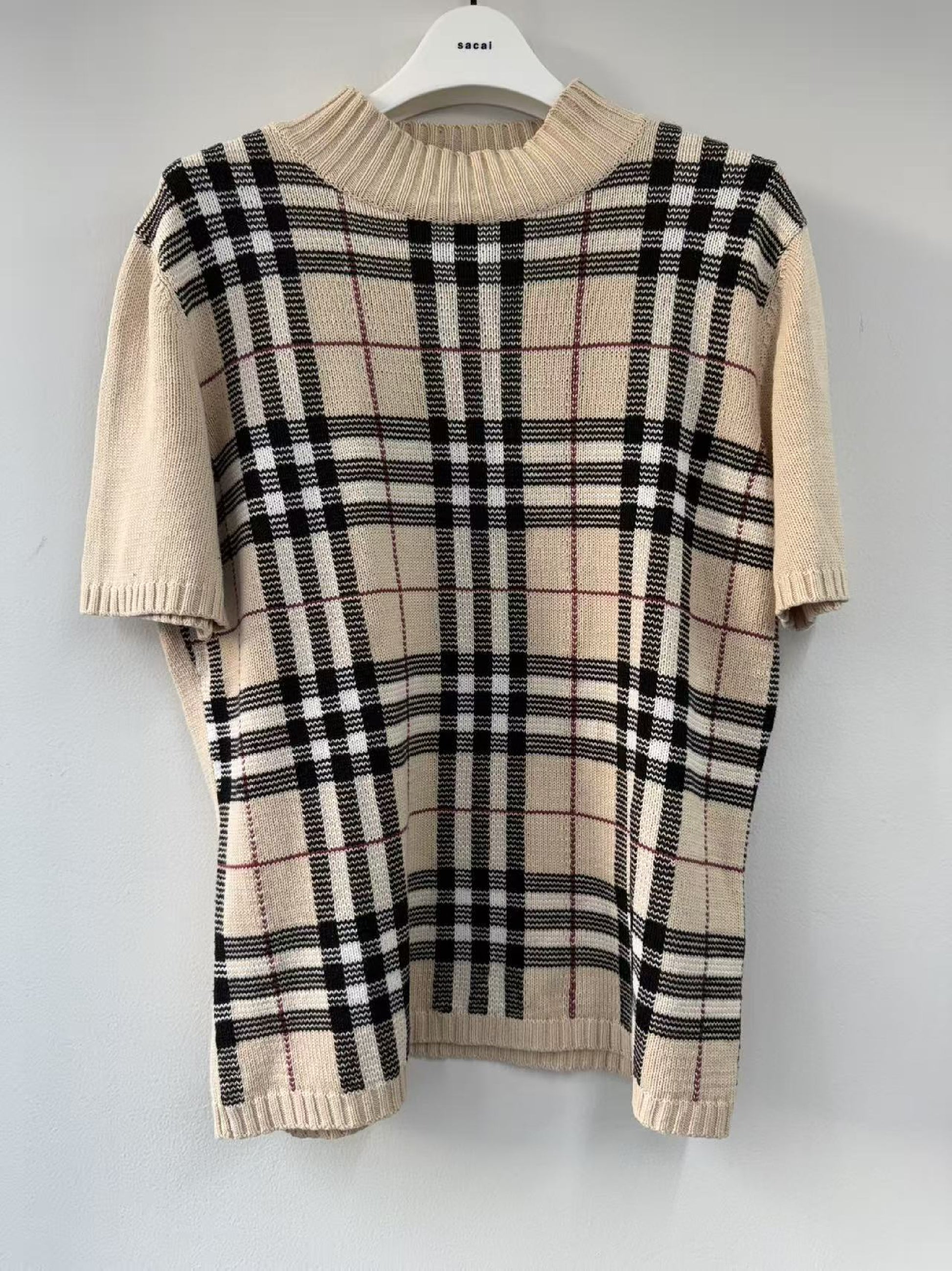 BURBERRY Burberry Sanyo Shokai Nova Check Short Sleeve Knit Top Beige Size 40 Tops