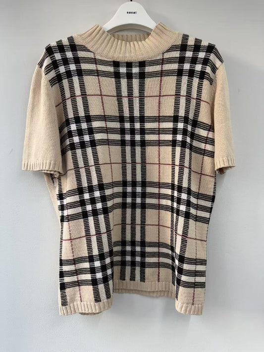 BURBERRY Burberry Sanyo Shokai Nova Check Short Sleeve Knit Top Beige Size 40 Tops