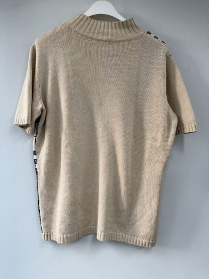 BURBERRY Burberry Sanyo Shokai Nova Check Short Sleeve Knit Top Beige Size 40 Tops