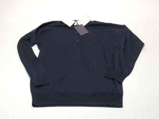 PRADA Prada 24 Wool Knit Top with Detachable Collar, DNA00T Navy, Size 44