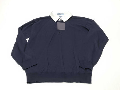 PRADA Prada 24 Wool Knit Top with Detachable Collar, DNA00T Navy, Size 44