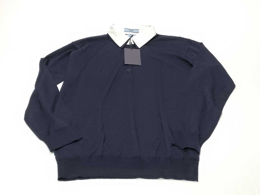 PRADA Prada 24 Wool Knit Top with Detachable Collar, DNA00T Navy, Size 44