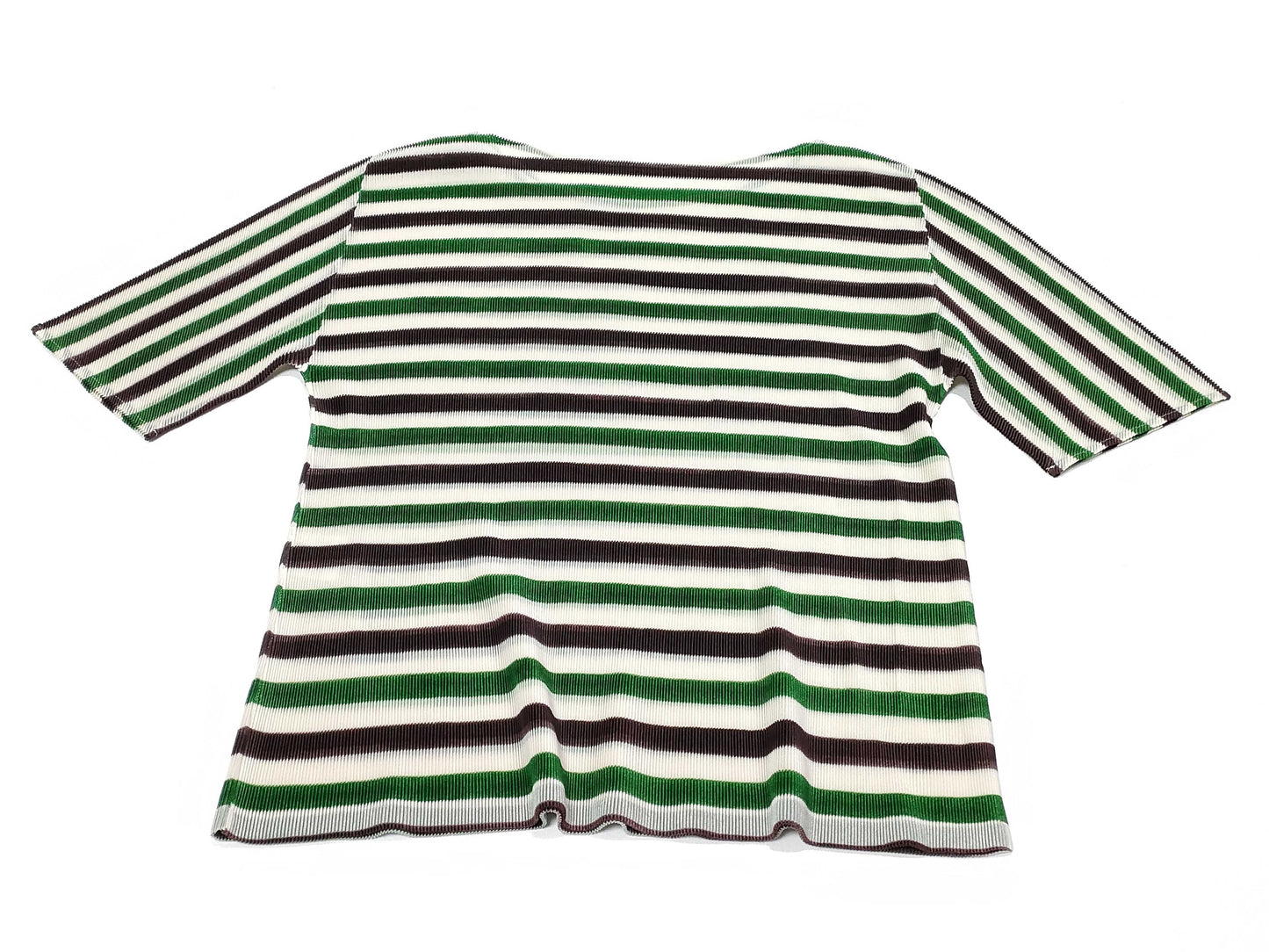 PLEATS PLEASE Short Sleeve Crew Neck Top with Striped Pattern, PP11-FK343, Green x Brown, Size 3, Top