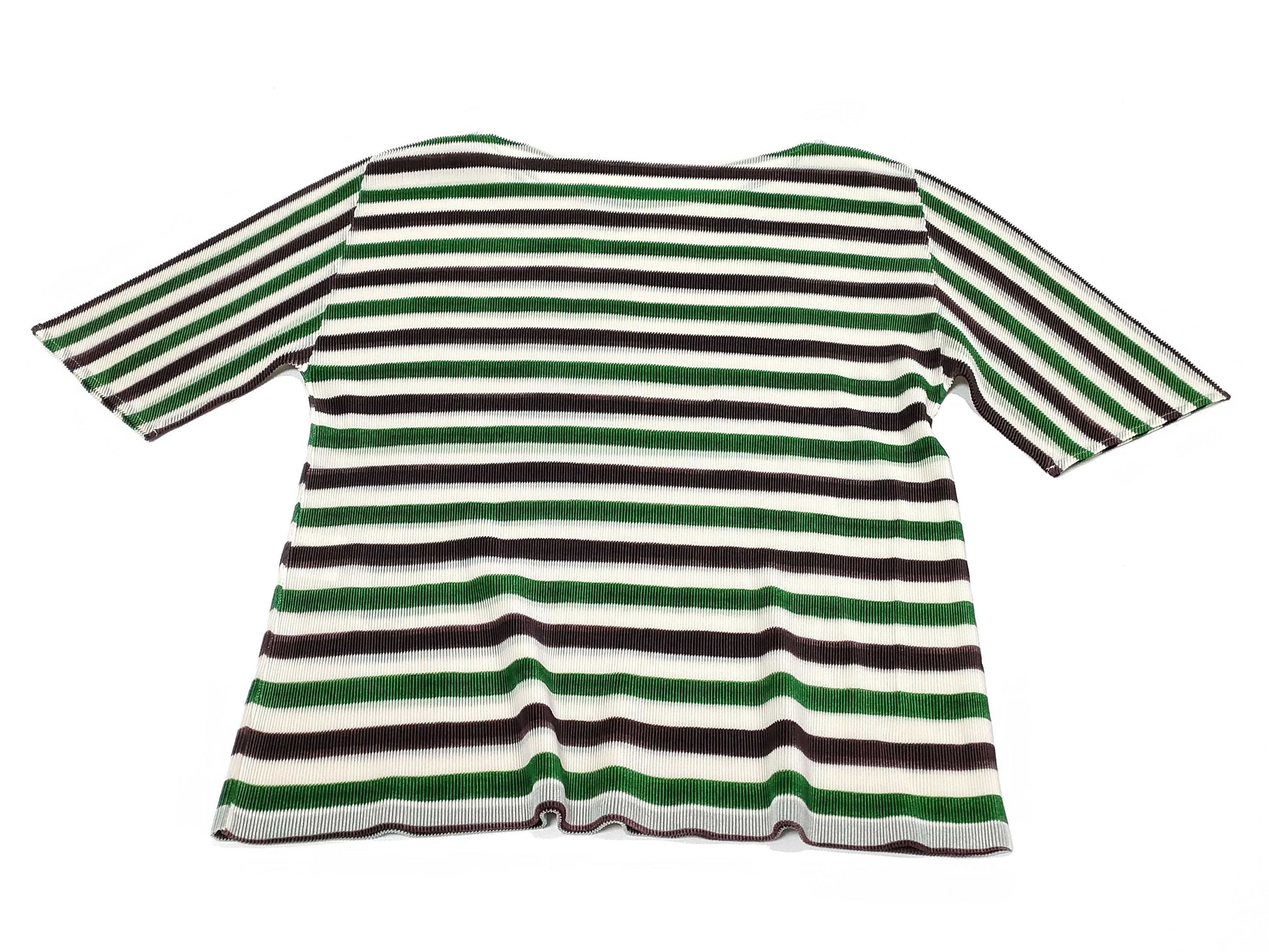 PLEATS PLEASE Short Sleeve Crew Neck Top with Striped Pattern, PP11-FK343, Green x Brown, Size 3, Top