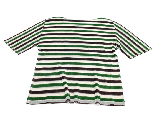 PLEATS PLEASE Short Sleeve Crew Neck Top with Striped Pattern, PP11-FK343, Green x Brown, Size 3, Top