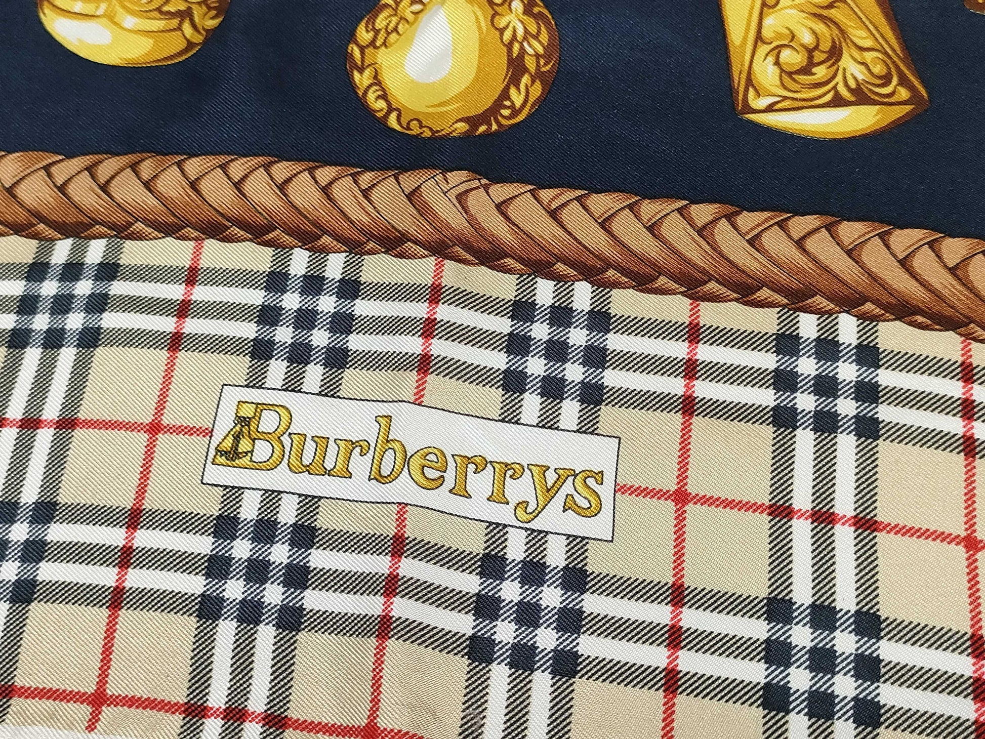 Burberrys all-over print silk scarf in beige and navy