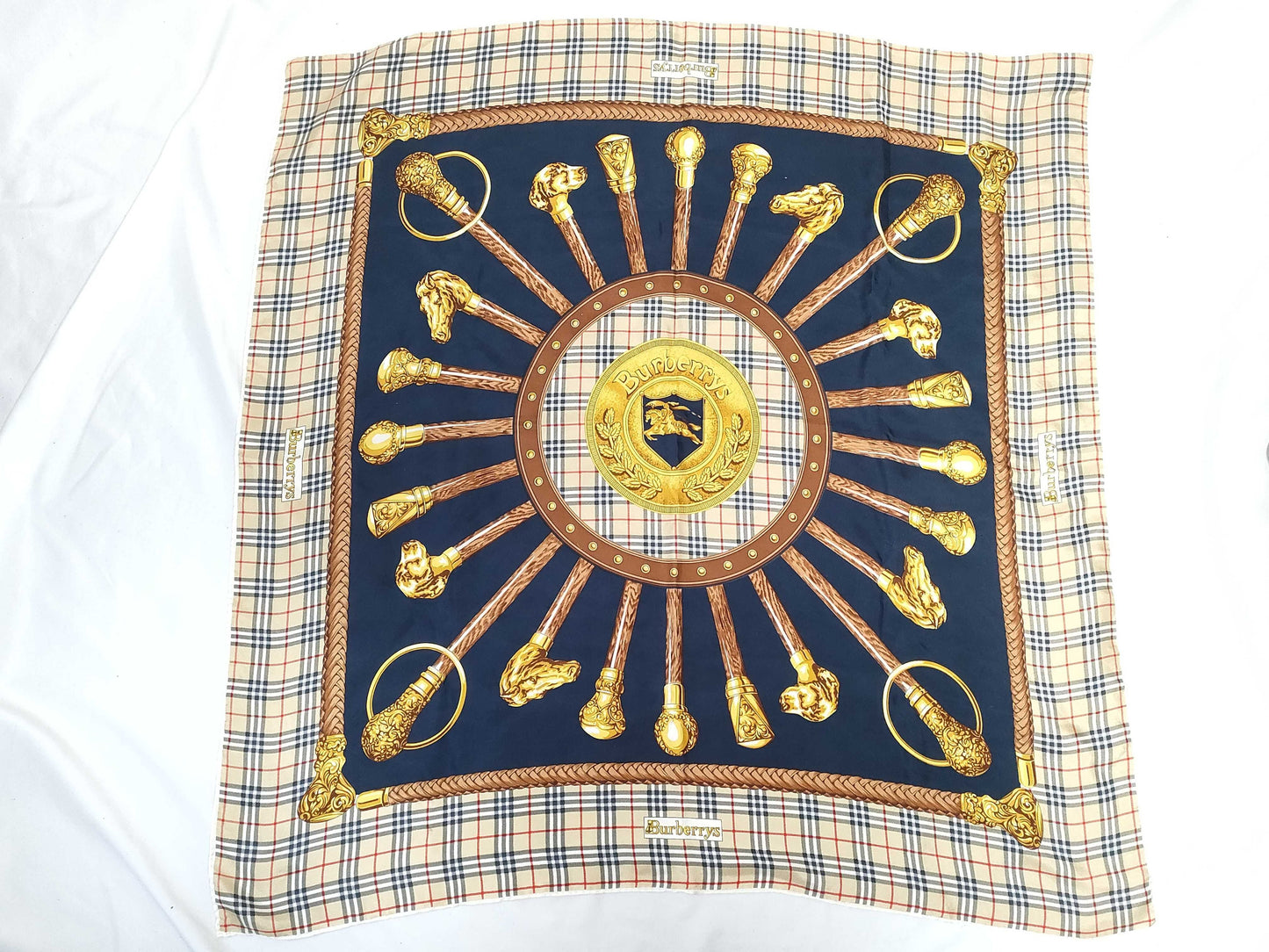 Burberrys all-over print silk scarf in beige and navy