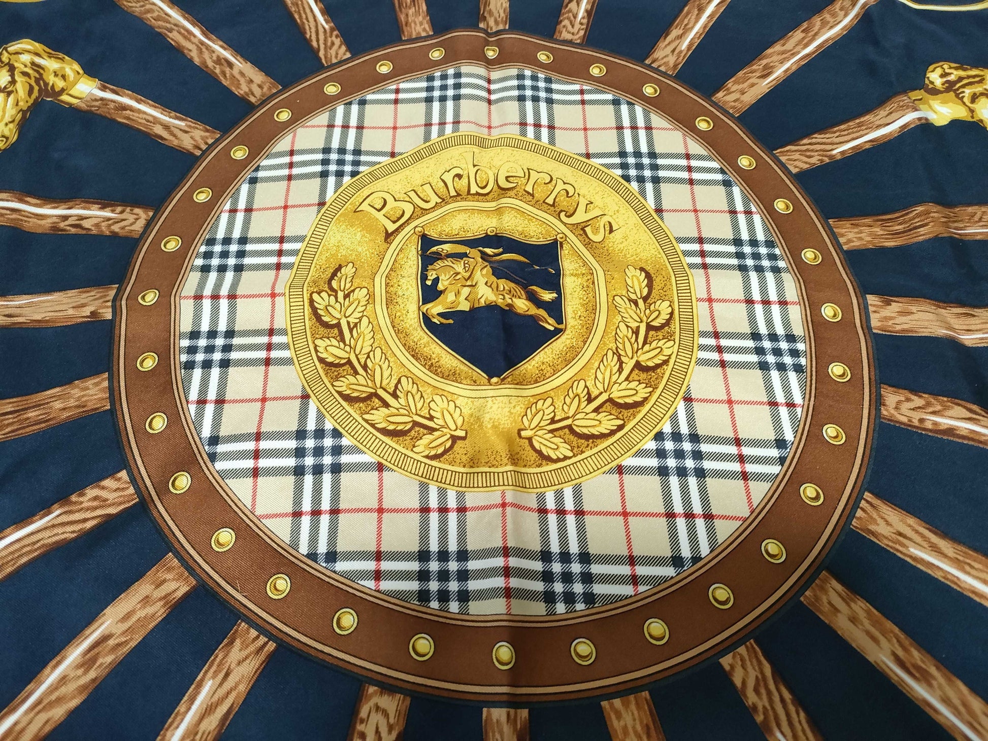 Burberrys all-over print silk scarf in beige and navy