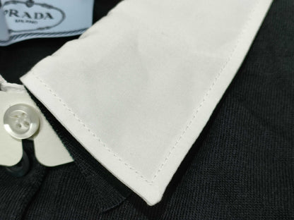 PRADA 24 Silk and Cotton Knit Polo Shirt with Detachable Collar, DNA02S, Black and White, Size 46, Tops