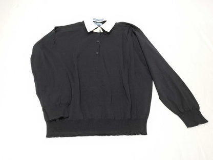 PRADA 24 Silk and Cotton Knit Polo Shirt with Detachable Collar, DNA02S, Black and White, Size 46, Tops