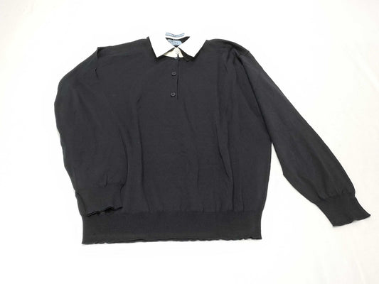 PRADA 24 Silk and Cotton Knit Polo Shirt with Detachable Collar, DNA02S, Black and White, Size 46, Tops