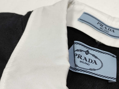 PRADA 24 Silk and Cotton Knit Polo Shirt with Detachable Collar, DNA02S, Black and White, Size 46, Tops