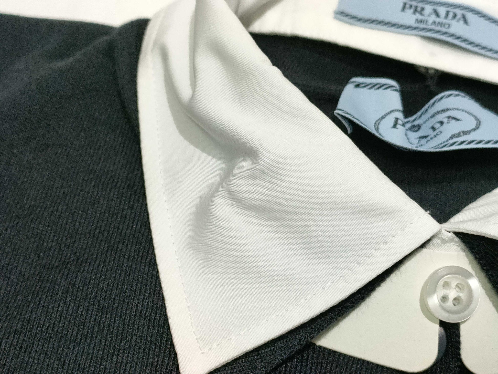 PRADA 24 Silk and Cotton Knit Polo Shirt with Detachable Collar, DNA02S, Navy and White, Size 46, Tops