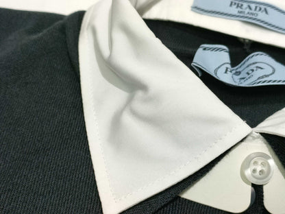 PRADA 24 Silk and Cotton Knit Polo Shirt with Detachable Collar, DNA02S, Navy and White, Size 46, Tops