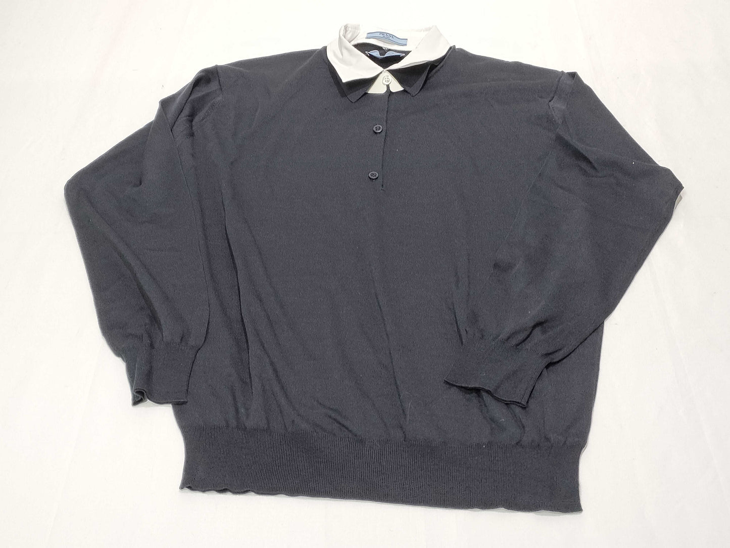 PRADA 24 Silk and Cotton Knit Polo Shirt with Detachable Collar, DNA02S, Navy and White, Size 46, Tops