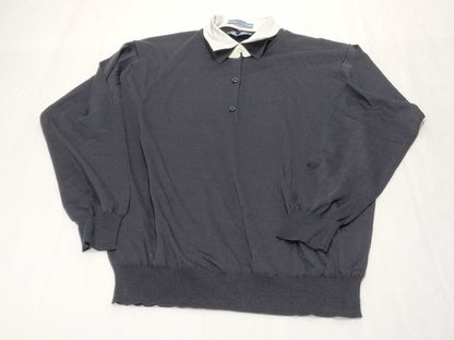 PRADA 24 Silk and Cotton Knit Polo Shirt with Detachable Collar, DNA02S, Navy and White, Size 46, Tops